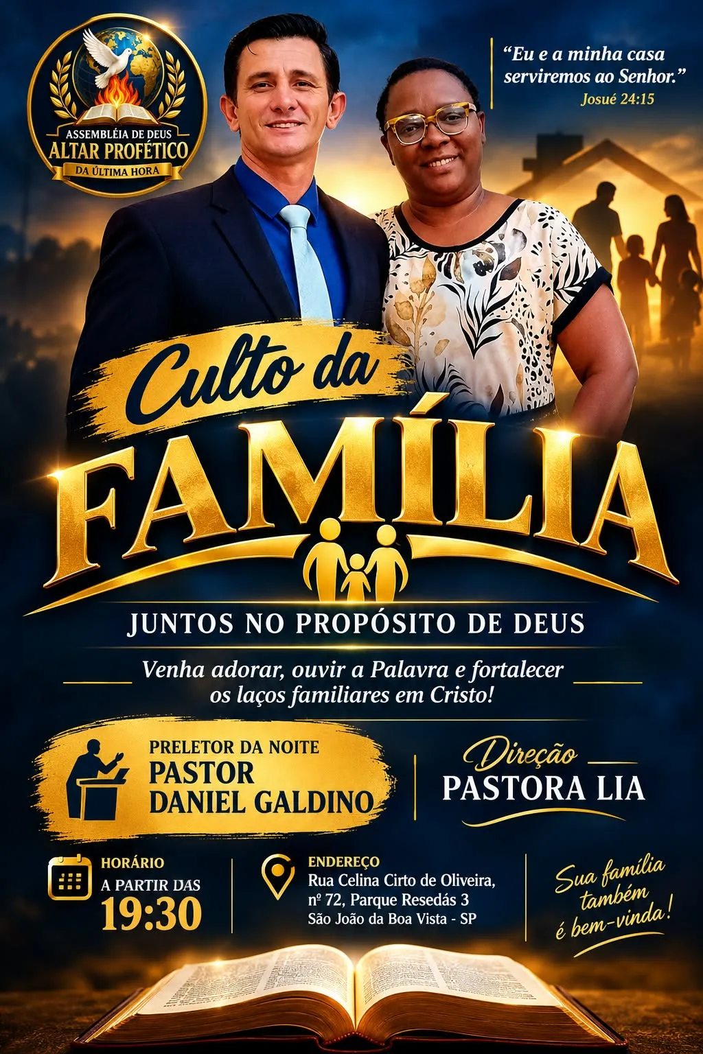Convite do Culto da Família, com o Pastor Daniel Galdino e a Pastora Lia